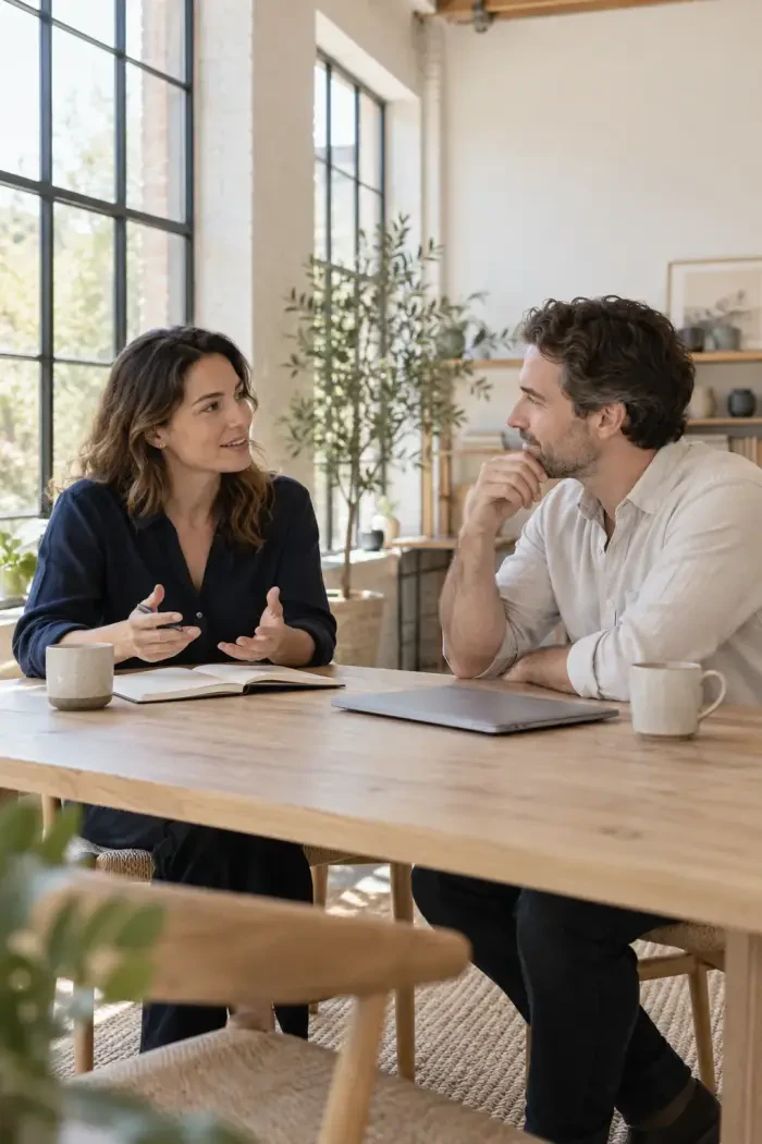 An advisor and a client talking together at a sunlit oak table