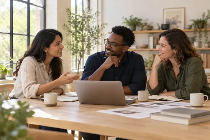 Three colleagues discussing a plan around a table in a bright studio